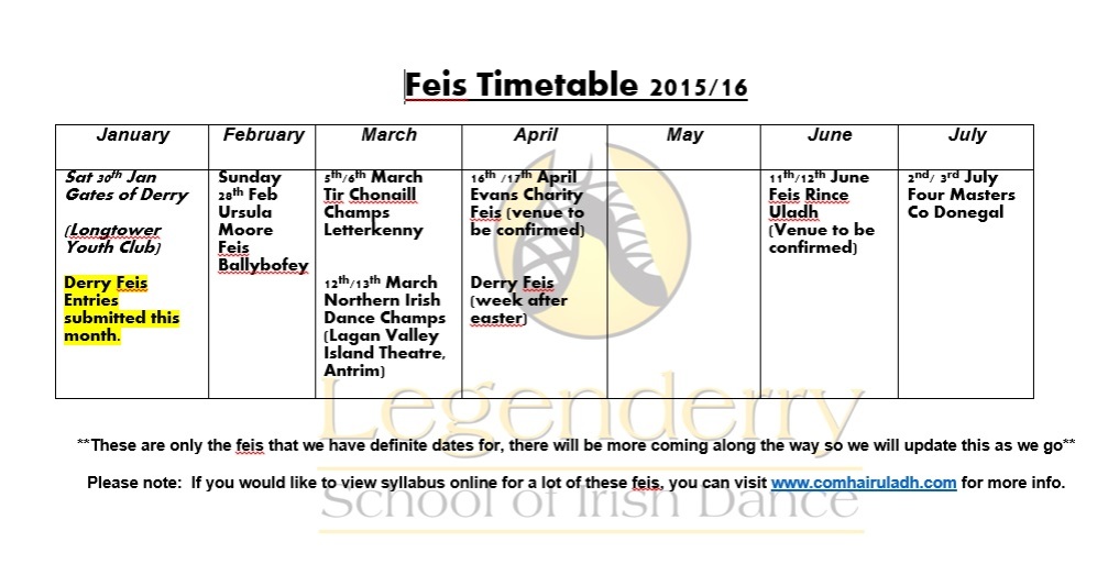 Updated Feis Timetable 2015-16